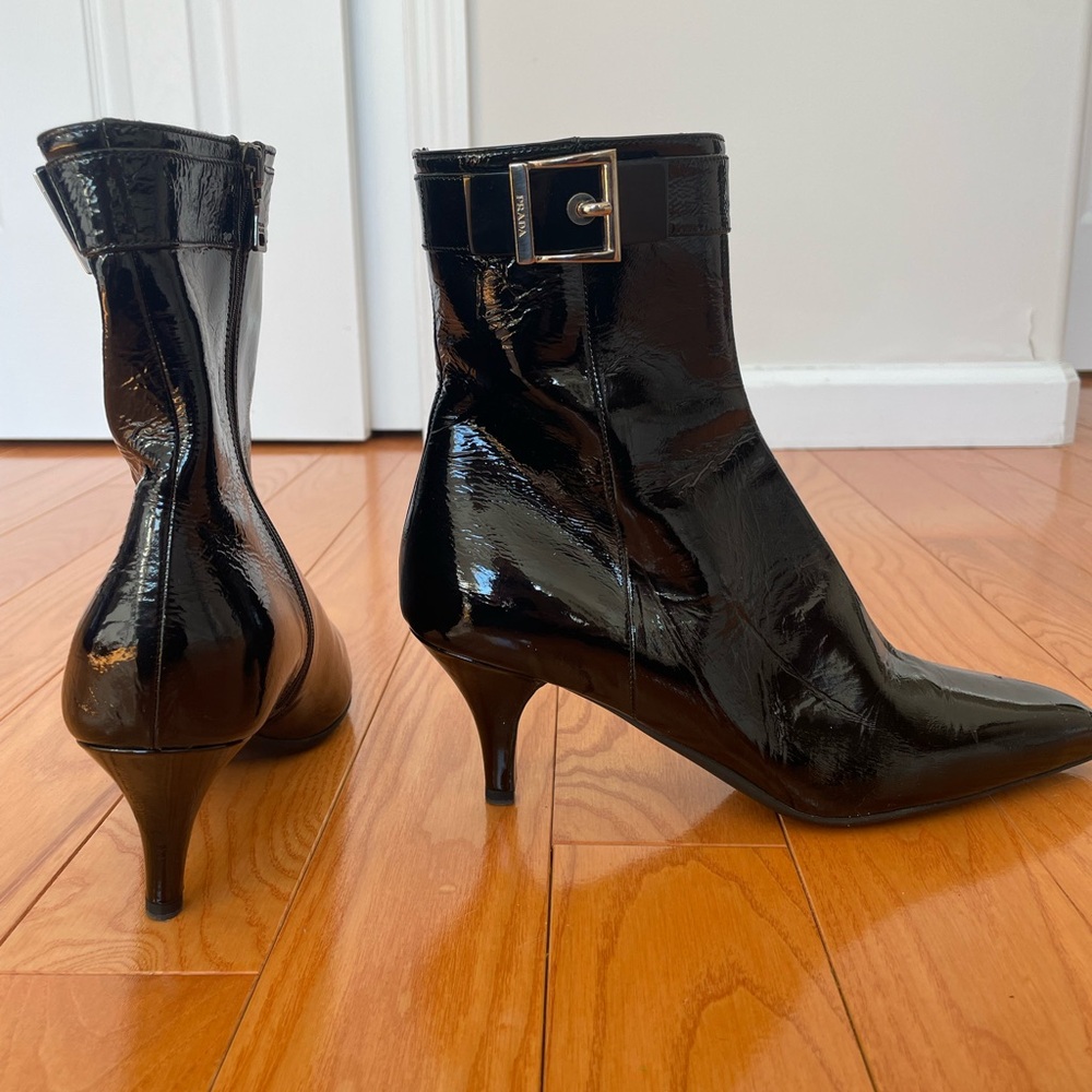 Black Prada Patent Leather Ankle Boots